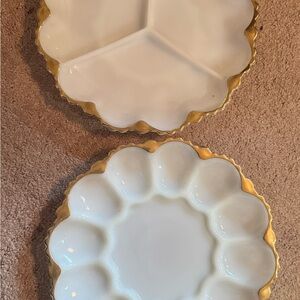 2 pc. Set Milk Glass Anchor Hocking Egg Platter and 3 Part Platter. Gold Trimmed